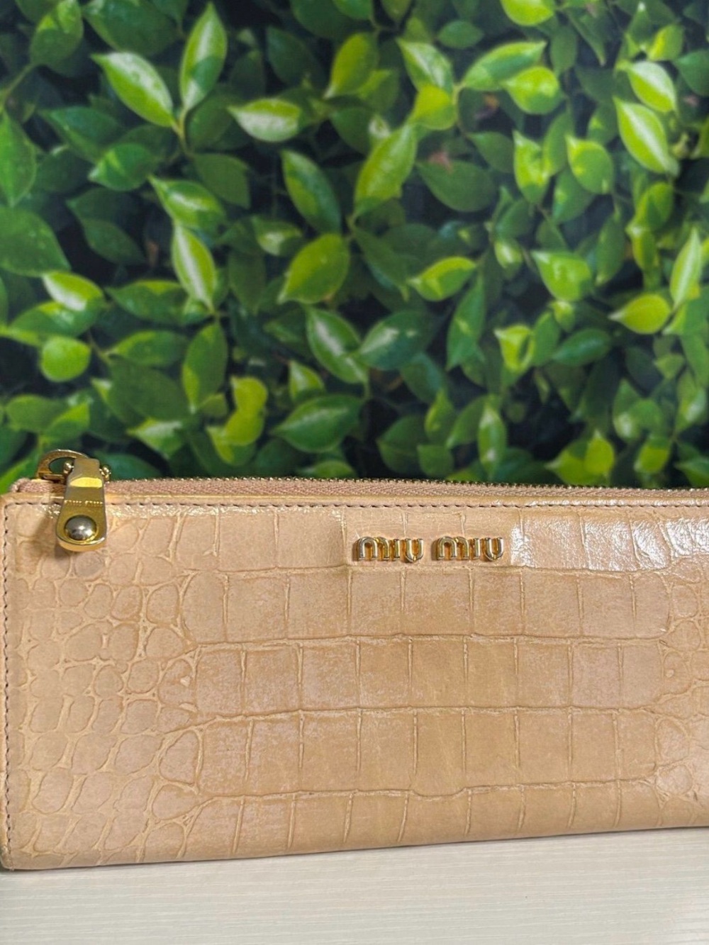 Miu Miu Croc-Embossed Beige Leather Zip Wallet with Gold Logo